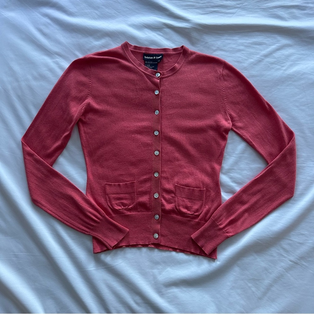 Tristan & Iseut Silk Cashmere Cardigan XS Coral Red Luxury Knit